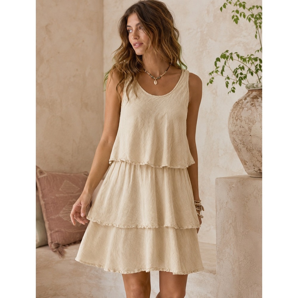Zyga 100% Linen Dress Women Sz M Beige Tiered Coastal Summer Gauze Boho